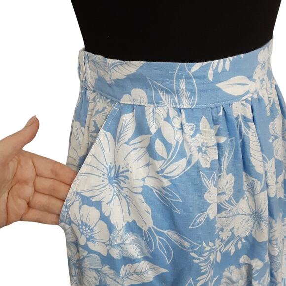 C&C California 100% Linen Maxi Skirt Set Blue Floral Crop Top Drop Shoulder Sz L - Picture 11 of 13